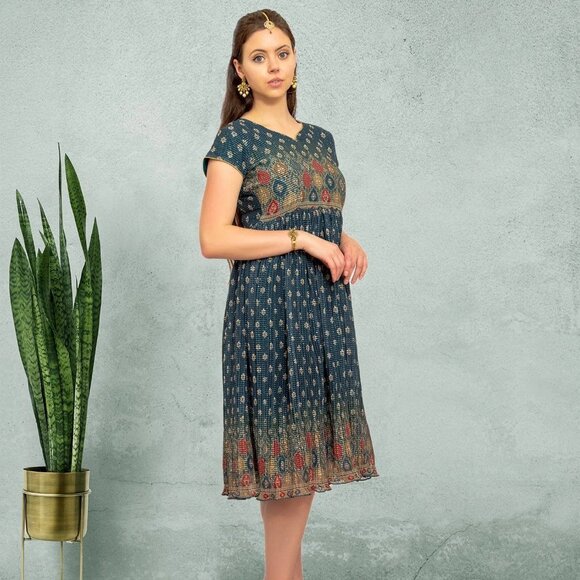 Elegant Dark Green Crushed Knee-Length Fusion Dress | Indian Dresses From India - Picture 1 of 5